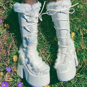 Plus Size Fuzzy Botas Dama Roman Style Women Knee Height Platform Chunky Heel Fur <b>Boots</b> for Women - Product Image 4
