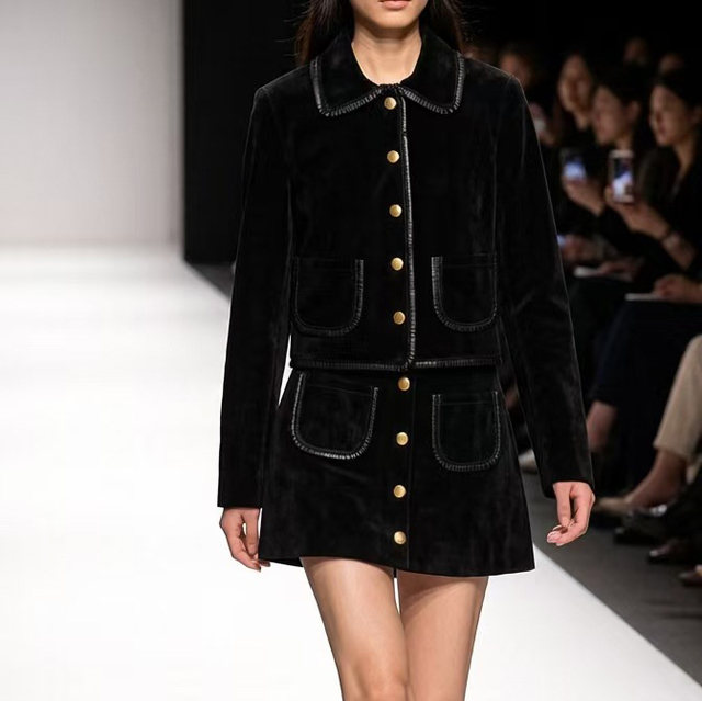 613 New Style Fashion Retro Slim Spliced Single Breasted Coat French Vintage Elegant Tweed Style Leather Jacket