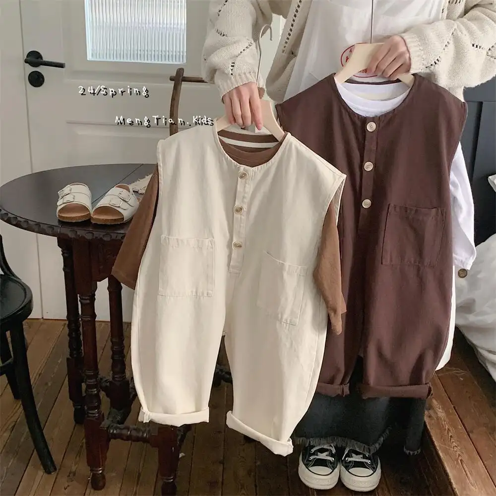 Mt2024 New Arrival Little Baby Girl Overall Peuter Kids Effen Bruin Beige Broek Voor Lente Herfstkleding