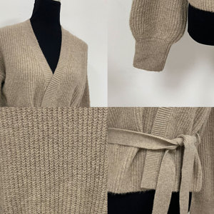 <span class=keywords><strong>Cardigan</strong></span> en tricot à col en V pour <span class=keywords><strong>femme</strong></span> avec ceinture, pull enveloppant doux et chaud en maille côtelée taupe à manches longues lanternes pour l'hiver - Product Image 2