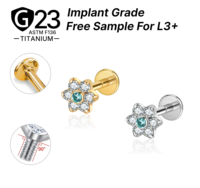 Anting-anting titanium zirkon berlapis emas 18K kualitas implan ASTM F136 JIAXIN, ulir dalam, untuk helix, tragus, bibir, pernikahan, dan aksesori tubuh.