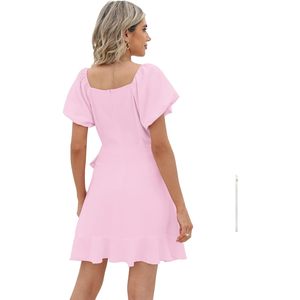 FOXA Womens Summer Dress Square <b>Neck</b> Puff Sleeve <b>Tie</b> Waist A-Line Casual Short Dress Breathable Woven Fabric Daily Wear - Product Image 4