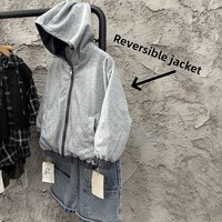 Veste courte à capuche double face en mélange de coton pour enfants, style automne, color-block, avec fermeture éclair à lettres assorties, pour garçons et filles