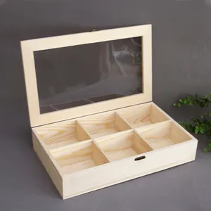 eco OEM&ODM natural color transparent custom size compartment six tea coffee display perfume storage wooden box packaging