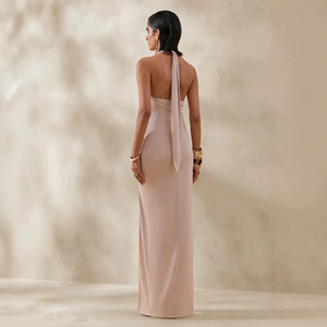 LM R882 Robe longue de soirée <span class=keywords><strong>nude</strong></span>, col licou, décolleté plongeant en V, taille drapée et froncée, fente latérale haute, dos nu, coupe ajustée - Product Image 5