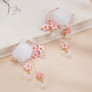 Diadema de estilo antiguo con pompones, borlas y horquillas oscilantes, pinzas para el cabello infantiles de estilo hada, accesorios para el cabello de Hanfu de felpa - Product Image 3