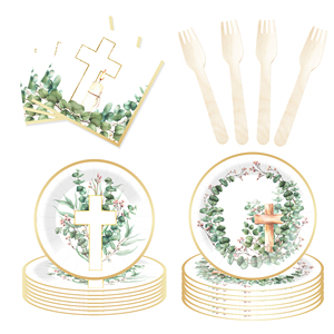 Juego de Vajilla Desechable DAMAI con Diseño de Hojas y Cruz para Comunión, Servilletas para Bautizo de Bebé, Decoraciones para Fiestas con Flores de Bautizo - Product Image 3