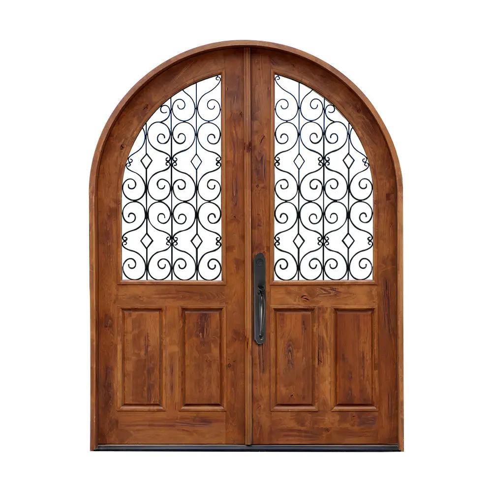 Calidad doble puertas de madera de diseño fuera de la casa de cristal puertas de hierro forjado mejor lugar para comprar puertas exteriores