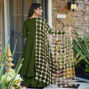 Robe longue élégante verte avec broderie chaîne et dentelle, coupe trapèze, manches longues, pour soirée, coupe classique, col en U, en polyester tissé pour femme - Product Image 2