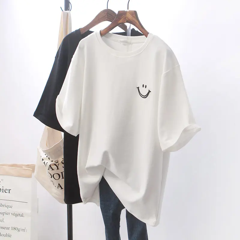 Camiseta de algodón de gran tamaño para mujer, Camiseta de cuello redondo en negro y blanco