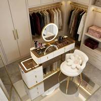 Vente flash, coiffeuse de luxe légère, cadre doré, tabouret à fleurs, ensemble de coiffeuse, miroir LED, tiroirs de rangement pour la chambre à coucher