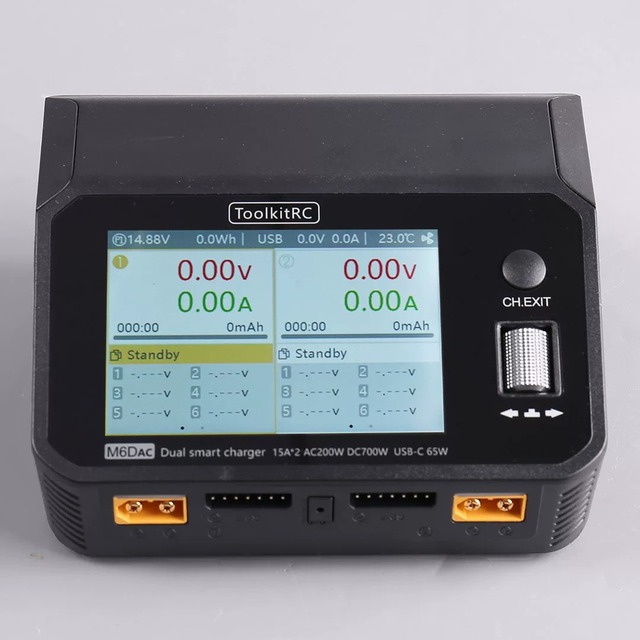 ToolkitRC M6DAC Dual AC DC Smart Lipo Battery Charger 700W 25A Sync 1-6S LiPo LiHV IPS XT60 65W USB C for FPV Drone