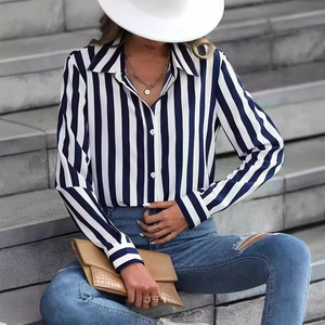 2025 primavera ed estate moda Versatile <span class=keywords><strong>camicia</strong></span> <span class=keywords><strong>a</strong></span> maniche lunghe <span class=keywords><strong>a</strong></span> <span class=keywords><strong>righe</strong></span> <span class=keywords><strong>blu</strong></span> da <span class=keywords><strong>donna</strong></span> formale da ufficio con bottoni Cardigan - Product Image 4