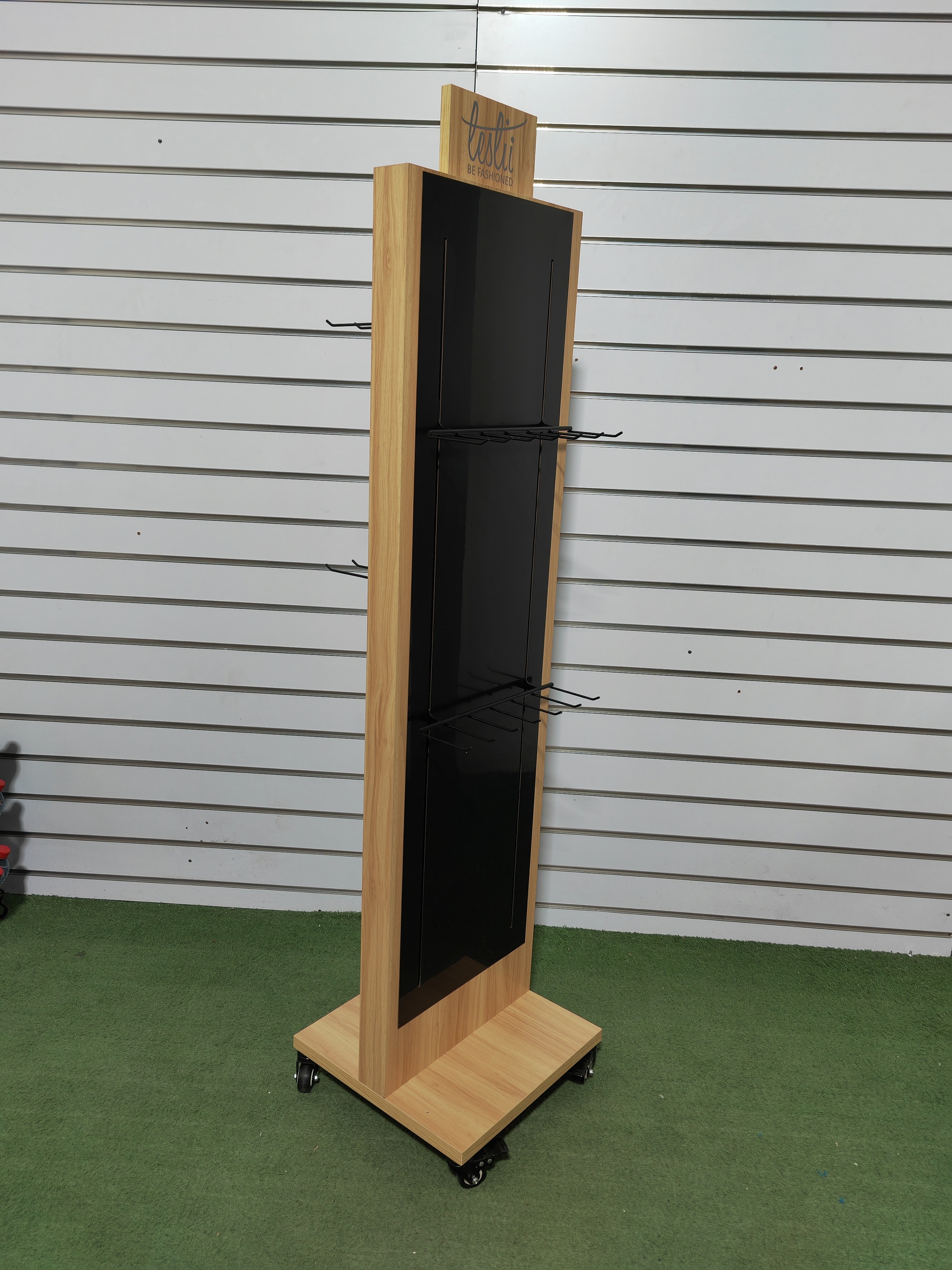 Jewelry & Headgear Display Stand Wooden Double-side Metal Hooks Floor Standing Shelf Custom Logo for Advertising Retail Shops — view 5
