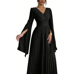 เดรสยาวทรงพลีทสำหรับผู้หญิง คอวี แขนยาว เอวสูง ทรงพลิ้วไหว ชุดราตรีออกงาน แฟชั่น - Product Image 5