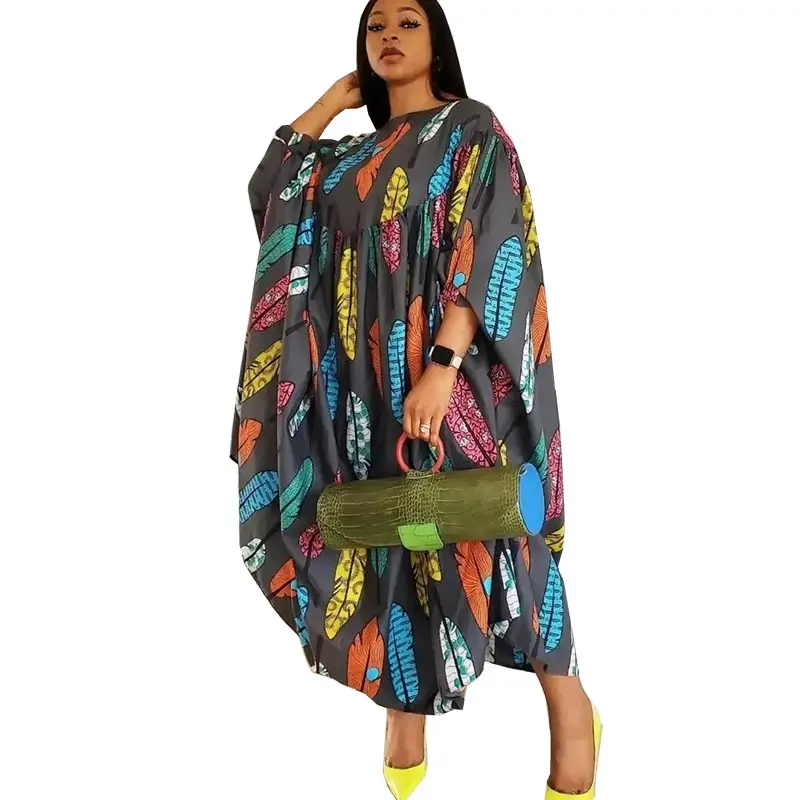 Gevşek yaz plaj elbiseleri kadın Abaya Bohemian yaprak baskı Kaftan Robe Femme uzun Batw kollu Ankara afrika Maxi elbise