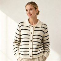 Cardigan en tricot rayé décontracté pour femme, col à revers, boutons sur le devant, manches longues, pour l'automne et l'hiver