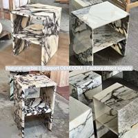 Table d'appoint carrée en marbre à veines distinctes, 2 niveaux, creuse, personnalisable OEM/ODM, en pierre naturelle, pour chambre, hôtel, villa, intérieur