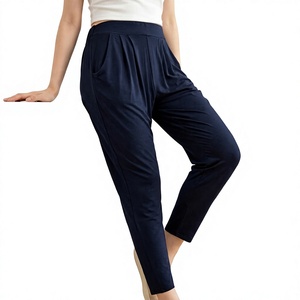 Pantalon de jogging taille haute bleu marine avec poches, extensible, sans couture, tricoté, longueur cheville, leggings pour femmes, toutes saisons, couleur unie - Product Image 1
