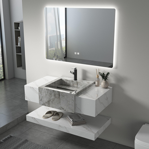 Ensemble de meubles-lavabos de salle de bain mural en pierre frittée haut de gamme personnalisé avec vasque intégrée et miroir LED pour projets hôteliers et d'appartements - Product Image 5