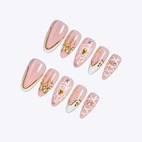 Ongles en amande avec motifs de lignes, contour de cœur rose clair, mignons, à presser, fabriqués à la machine en ABS, 24 pièces, ongles en amande avec étoiles