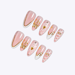 Ongles en amande avec motifs de lignes, contour de cœur rose clair, mignons, à presser, fabriqués à la machine en ABS, 24 pièces, ongles en amande avec étoiles - Product Image 3