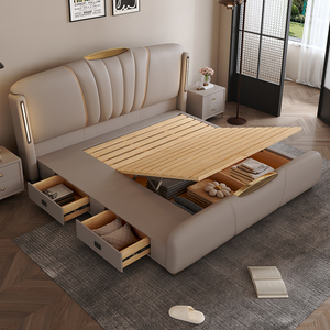 <span class=keywords><strong>Letto</strong></span> Moderno in Pelle con Testiera Trapuntata Regolabile, Base Crema con Dettagli Dorati e Luci LED, Spazio di Archiviazione Integrato - Product Image 2