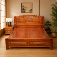 Lit en bois massif de style chinois traditionnel avec tête de lit sculptée, cadre de lit plateforme oriental de style antique pour chambre principale et chambre d'amis