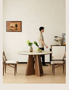 Tavolo da Pranzo Rotondo in Stile Vintage Francese con Piano in Pietra, Moderno e Minimalista per Piccoli Appartamenti, in <span class=keywords><strong>Legno</strong></span> Massello <span class=keywords><strong>Color</strong></span> <span class=keywords><strong>Noce</strong></span> - Product Image 3