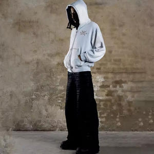 Custom Streetwear Crop Distressed Metal Studs Rivet Acid Wash Zip up Heavyweight French Terry Hoodie Fabricante - Product Image 4