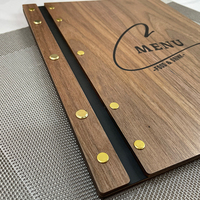 Porte-menu en bois classique et durable en contreplaqué noir A4 avec revêtement en similicuir, logo personnalisé imprimé pour restaurant, café, classeur à visser.