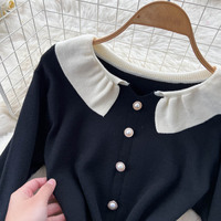 Robe décontractée pour femmes, élégante, à col volanté, manches longues, tricotée, coupe évasée, avec boutons en perles, pour un usage quotidien