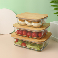 Ensemble de 3 bols rectangulaires pour salade de fruits, compatibles avec le micro-ondes, en verre borosilicate de haute qualité, récipient de stockage alimentaire, boîte à lunch, couvercle en bambou, 370 ml