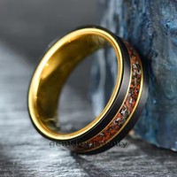 Perhiasan Mewah Gentdes, Cincin Emas, Perhiasan Cincin Tungsten Hitam untuk Pria, Cincin Senar Gitar, Cincin Tulang Dinosaurus dan Meteorit
