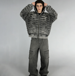 Sudadera con capucha vintage lavada al por mayor para hombre, estilo urbano, con cremallera doble, oversize, desgastada - Product Image 2