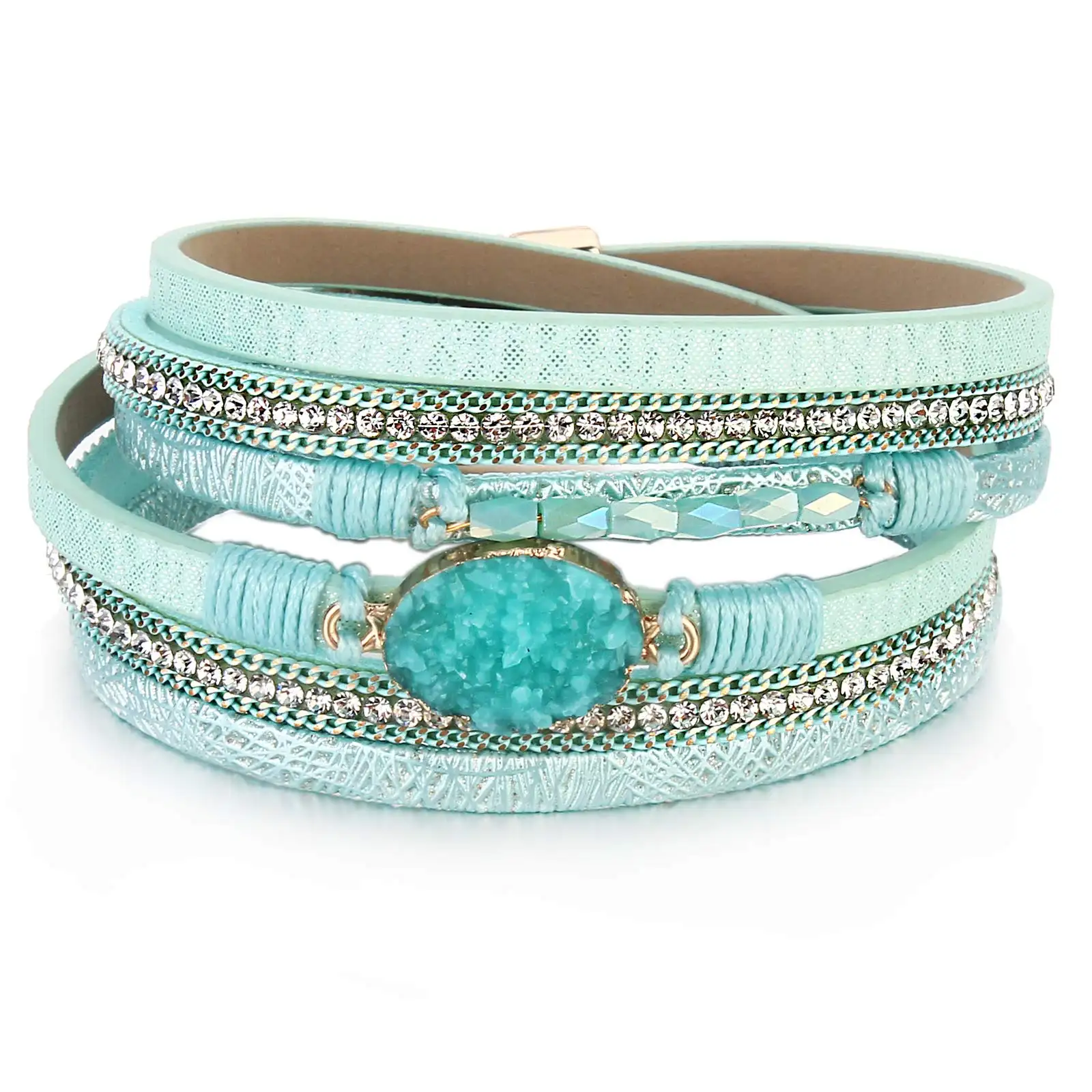 Leather Wrap Bracelet Boho Cuff Bracelets Crystal Bead Bracelet with Magnetic Clasp for Women