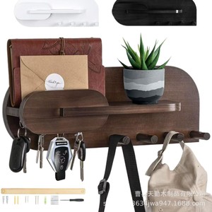 Wooden Entryway Wall Mounted Key Rack Multifunctional Living Room Organizer With <b>Shelf</b> And <b>Hooks</b> - Product Image 1