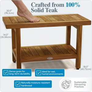 Teak Bathroom Stool Solid Wood Shower Room Seat With <b>Storage</b> Shelf For <b>Bath</b> And Entryway Use - Product Image 5