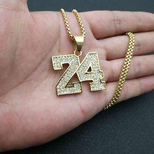 Collier pendentif numéro 24 en acier titane plaqué or, entièrement serti de diamants, pour homme et femme, bijou hip-hop, cadeau tendance. - Product Image 5