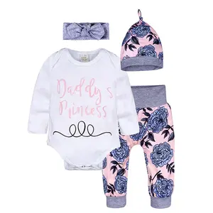 Hot sale daddy's princess romper floral pant headband cap 4pcs set for baby girl outfit set