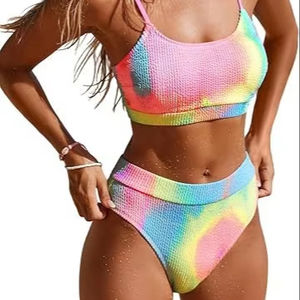 2026 Ensemble bikini 2 pièces sexy tie-dye plissé à fente, taille haute, séchage rapide, soutien-gorge à armatures, XL, imprimé léopard, haute technologie, vêtements de plage, devant - Product Image 1