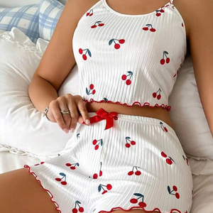 Customize 2pcs Sleepwear Ribbed Cherry and Strawberry Print Nightwear Summer Soft Pajama <strong>Set</strong> Women's Sleepwear Women Sexy Pajama - Product Image 1