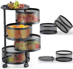 Fruit Vegetable Kitchen Rotating Storage Rack Potatoes Storage Basket with Wheels Metal Wire Shelf