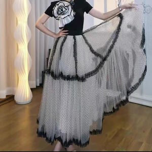 Falda Larga de Doble Capa con Puntos Azules para Mujer, de Chifón y Malla, Cintura Regular, Elegante, Primavera, Poliéster/Algodón - Product Image 2