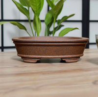 Pot Bonsai Kecil Klasik Buatan Tangan dari Tanah Liat Yixing untuk Pot Keramik Oval Berlapis Minimalis dengan Lubang Drainase