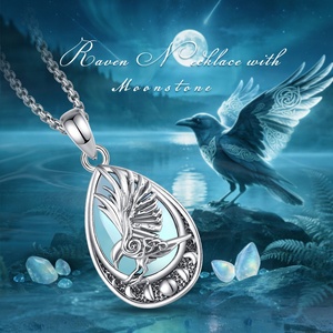 Collana con Pendente a Goccia Placcato Oro 18K, Fasi Lunari Celtiche con Corvo, Pietra <span class=keywords><strong>di</strong></span> <span class=keywords><strong>Luna</strong></span>, Amuleto Spirituale Vichingo, Gioiello Regalo - Product Image 6