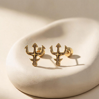 Boucles d'oreilles clous en acier chirurgical 316L Trident de Poséidon, design bouclier doré PVD, pour piercing tragus, hélix, cartilage, bijoux d'oreille