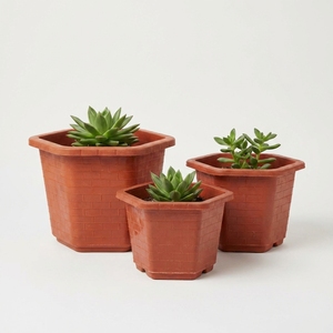 Wholesale Hexagonal <b>Plastic</b> Plant Pots with Faux Brick Pattern Terracotta Color Flower <b>Planters</b> for Garden Nursery A380 - Product Image 1