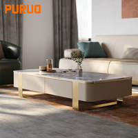 Ensemble de salon PURUO Luxury Royal Interactive Panel, meuble TV avec plateau en pierre dorée, design italien doré, table basse en acier inoxydable.