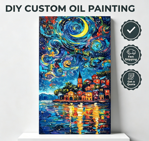 Kit <span class=keywords><strong>di</strong></span> Pittura a Olio Digitale Personalizzato Stile <span class=keywords><strong>Van</strong></span> <span class=keywords><strong>Gogh</strong></span> '<span class=keywords><strong>Notte</strong></span> Stellata' con Villaggio, Nebulosa e Luna, Città Costiera <span class=keywords><strong>da</strong></span> Dipingere con i Numeri - Product Image 1